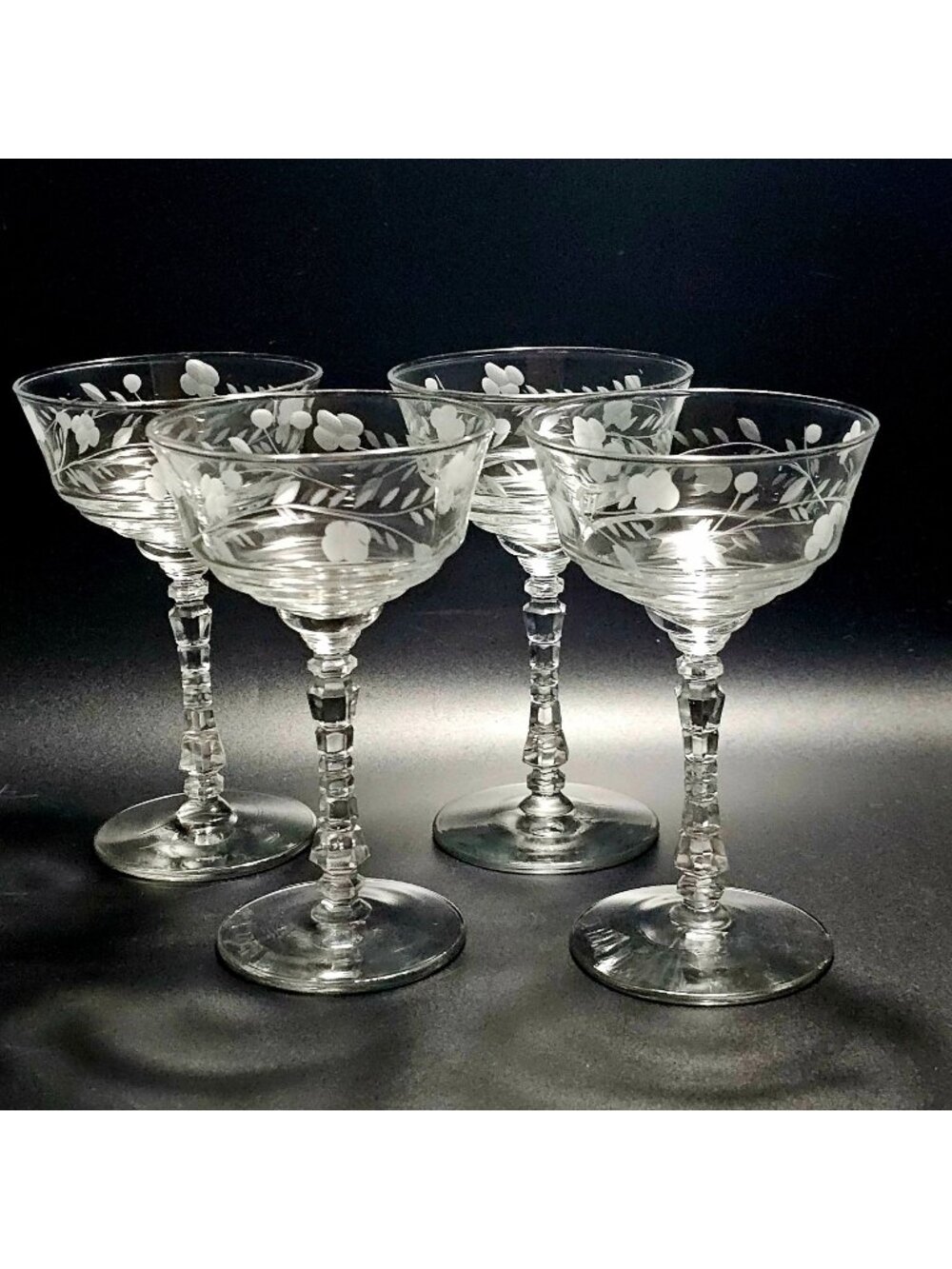 4 Deco Wildflower Champagne Coupe Glasses 6.25" Rock Sharpe glasses etched cockt